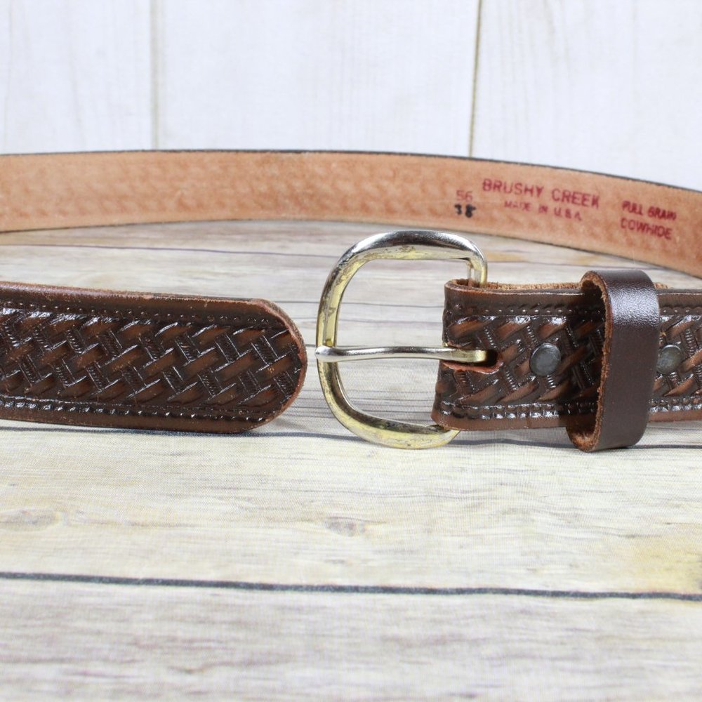 Brushy Creek Brown Basket Weave Pattern Full Grain Cowhide Leather Belt Size 38 - Picture 5 of 9
